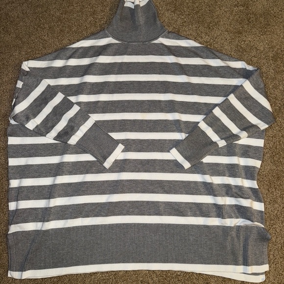 Adrianna Papell Sweaters - Adrianna Papell Gray and White Striped Turtleneck Sweater